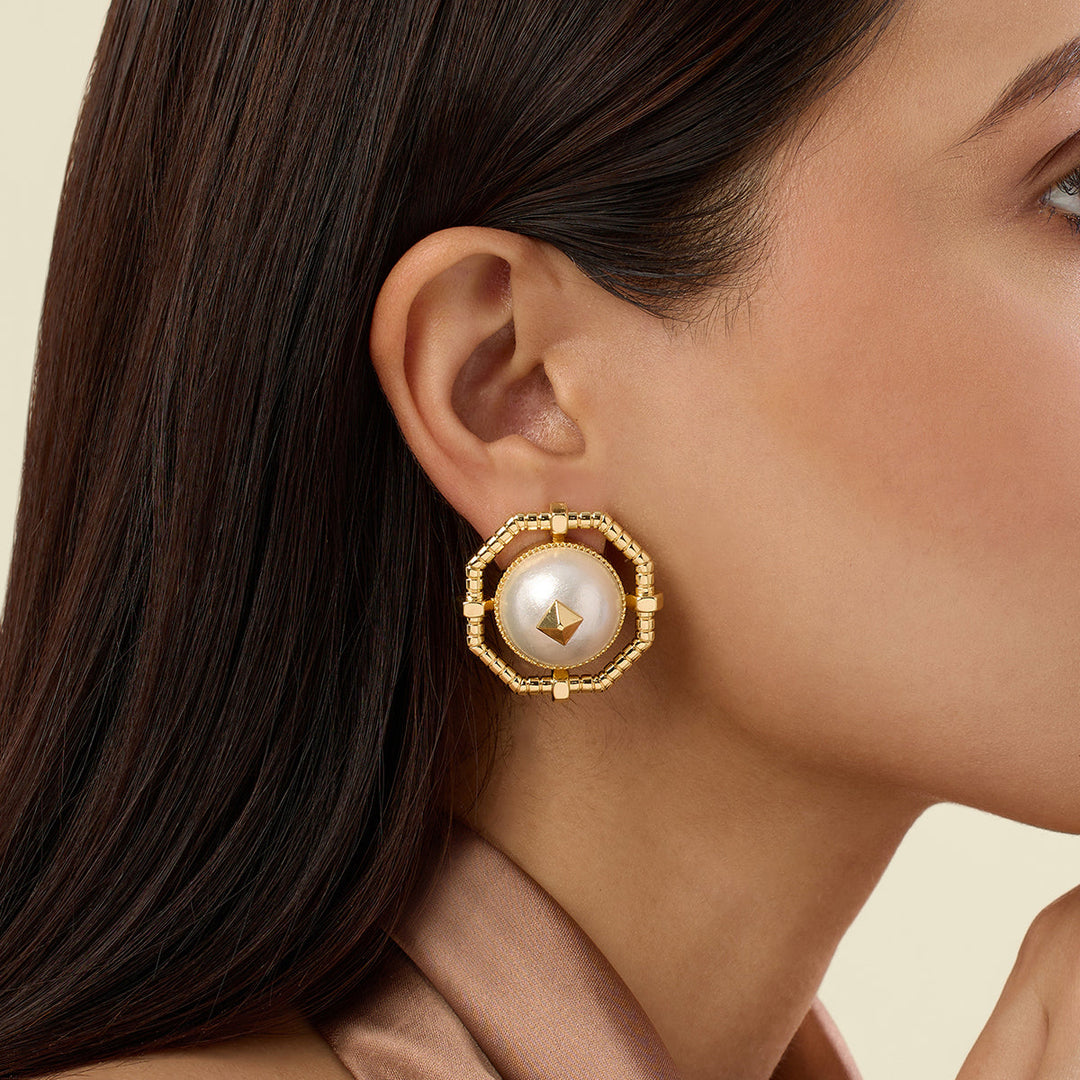 Nut and bolt pearl statement stud