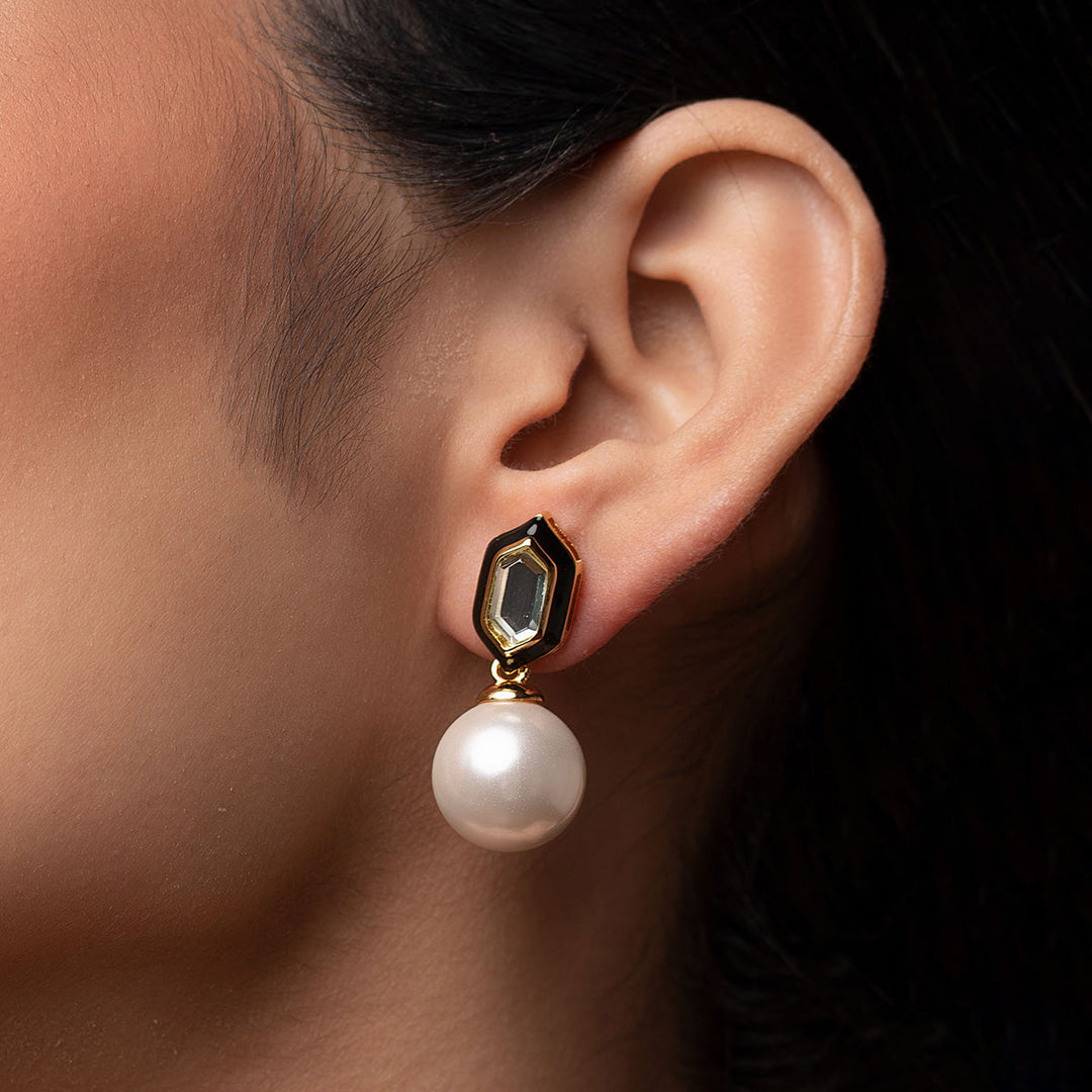 Amina Pearl Mirror Stud Earrings for Women by Isharya | Modern Indian Jewellery