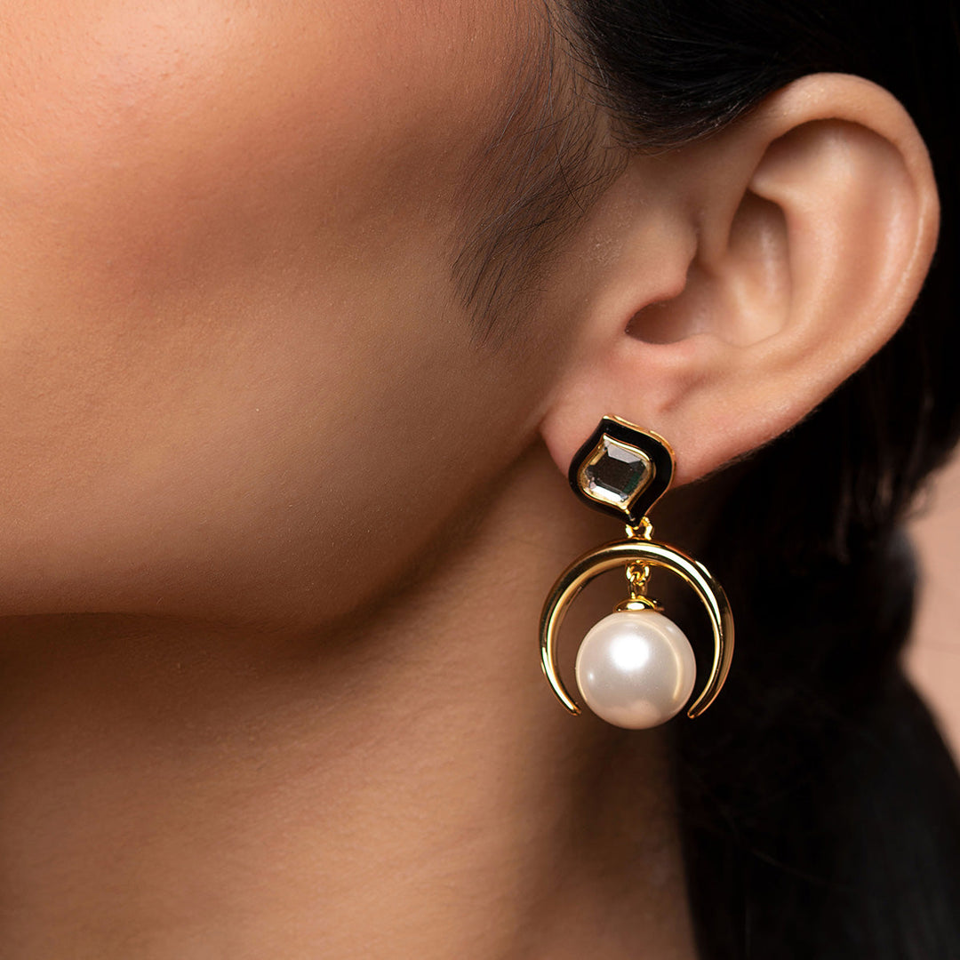 Amina Half Moon Pearl Earrings for Women by Isharya | Modern Indian Jewellery