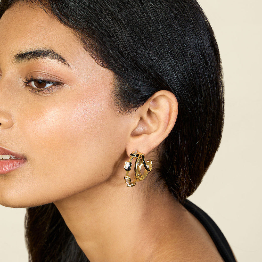 Black Enamel Triple Hoops for Women by Isharya | Modern Indian Jewellery