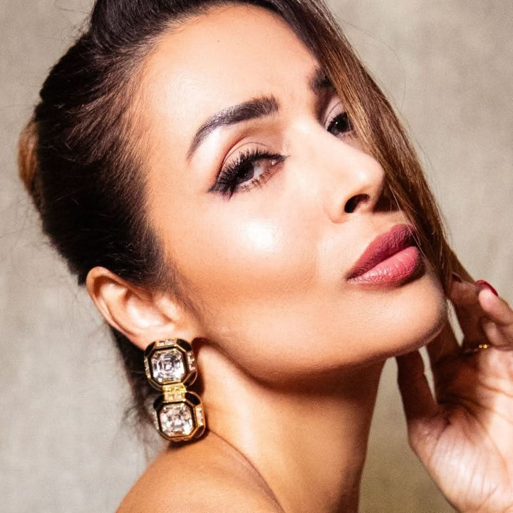 Malaika Arora Optical Oversized Double Crystal Studs for Women by Isharya | Modern Indian Jewellery