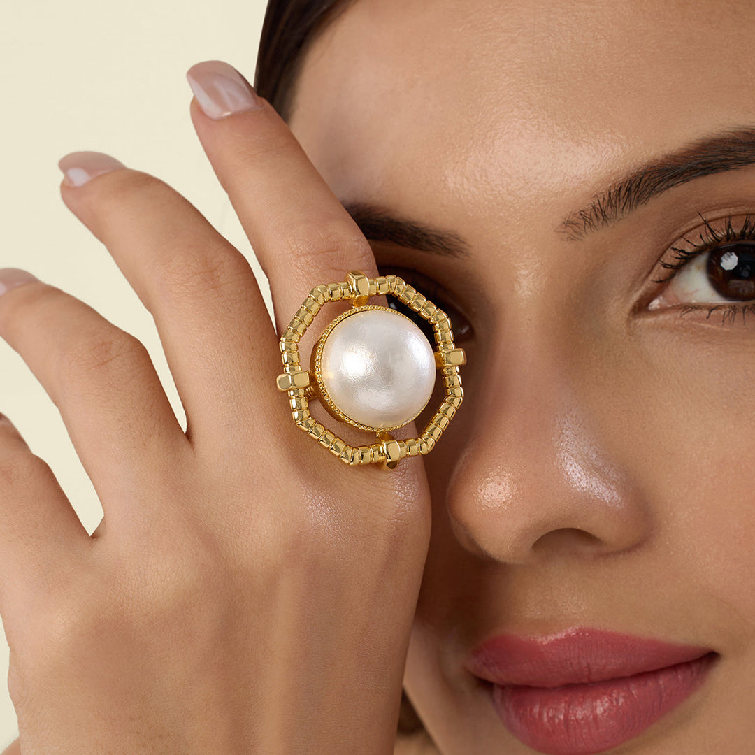 Statement Ring with Pearl and Metal Detailing