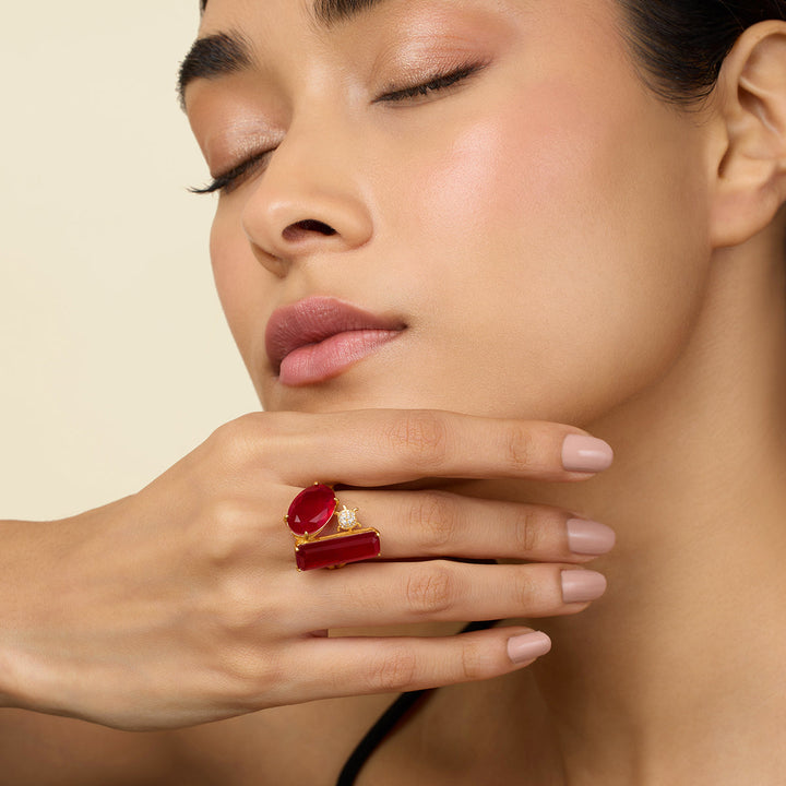 Red Three head Ring for Women by Isharya | Modern Indian Jewellery