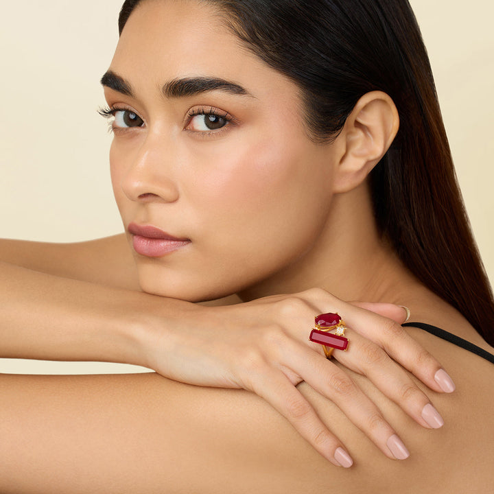 Red Three head Ring for Women by Isharya | Modern Indian Jewellery