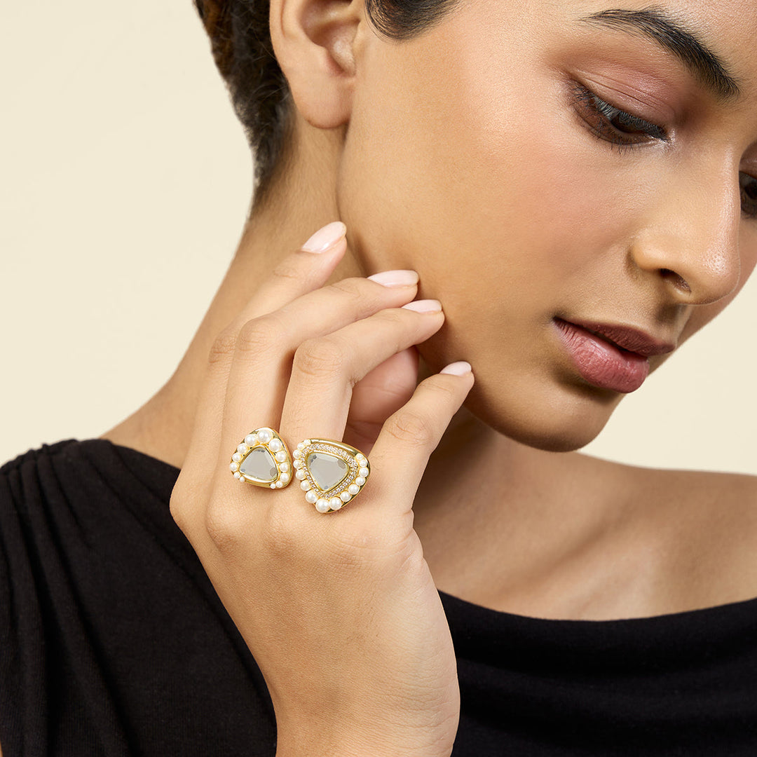 Gold 2 Finger Ring for Women by Isharya | Modern Indian Jewellery