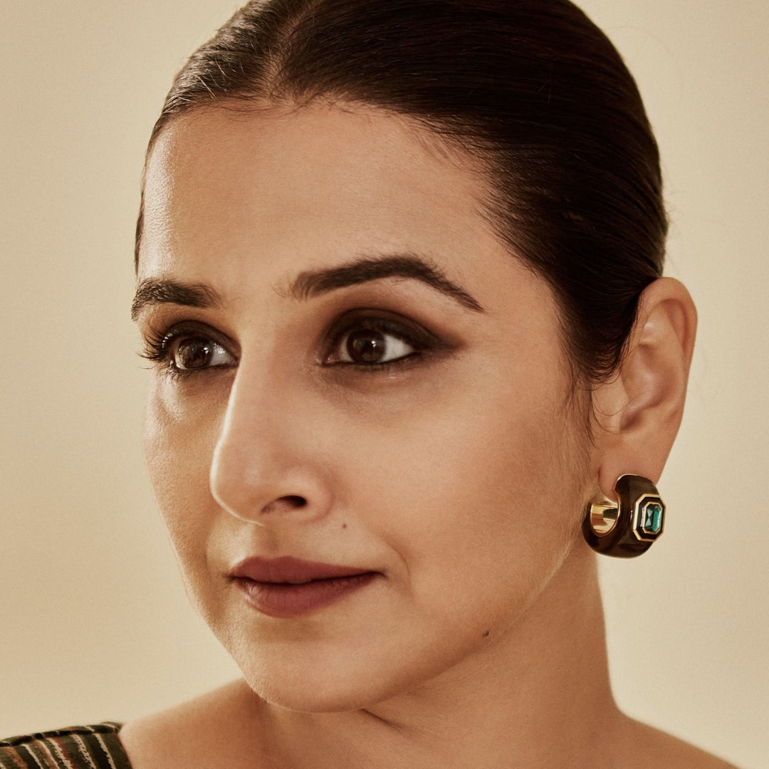 Vidya Balan B-dazzle Green Crystal Resin Huggies for Women by Isharya | Modern Indian Jewellery