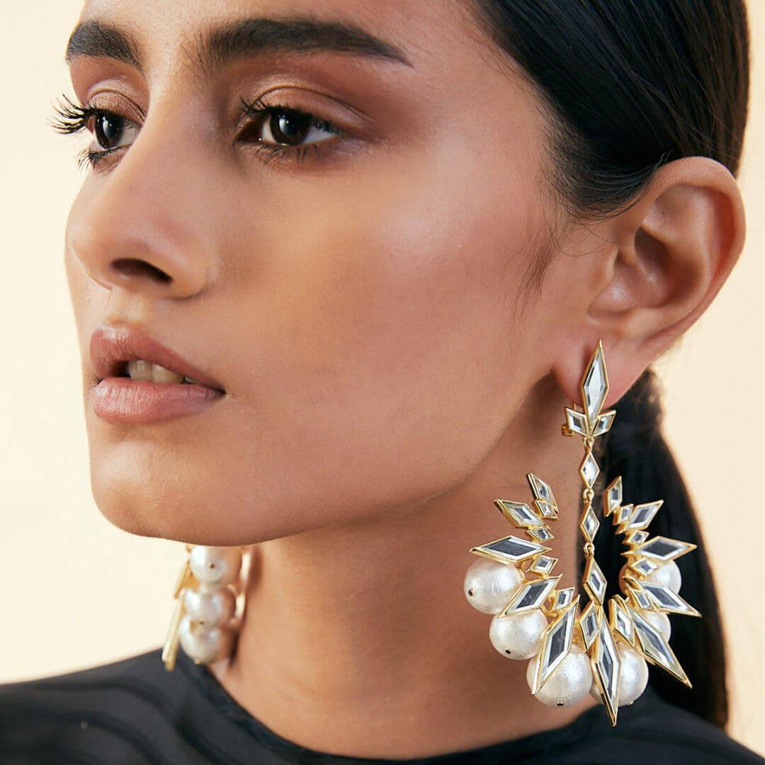Demi Goddess Rhombus Mirror and Pearl Chandbali Earring for Women by Isharya | Modern Indian Jewellery