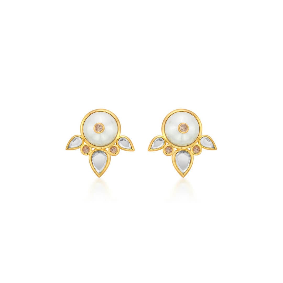 Limelight Pearl & Mirror Flutter Stud Earrings - Isharya | Modern Indian Jewelry