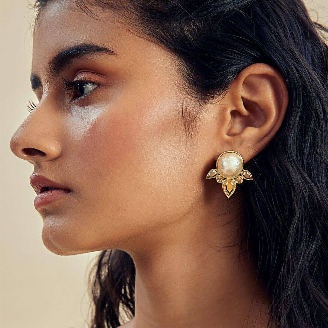 Limelight Pearl & Mirror Flutter Stud Earrings - Isharya | Modern Indian Jewelry