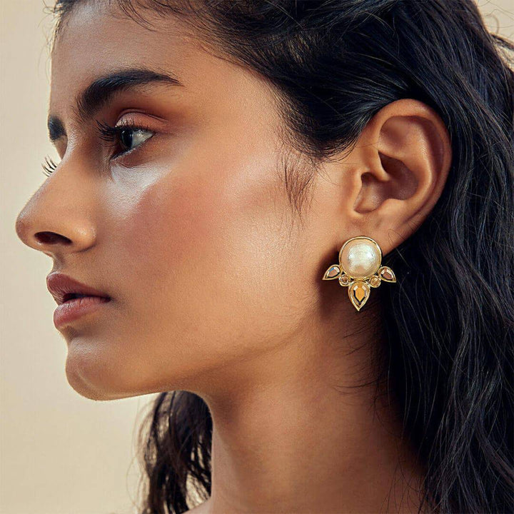 Limelight Pearl & Mirror Flutter Stud Earrings - Isharya | Modern Indian Jewelry