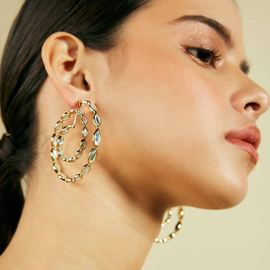 Marquise Mirror Front Spiral Hoop Earrings for Women by Isharya | Modern Indian Jewellery