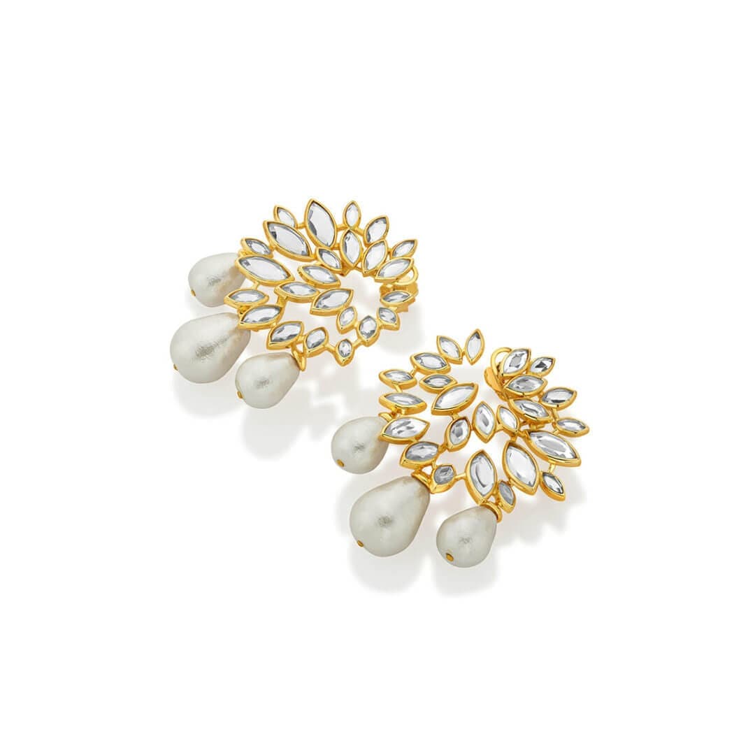 Modern Maharani Marquise Mirror Statement Pearl Drop Gold Earrings for Women by Isharya | Modern Indian Jewellery