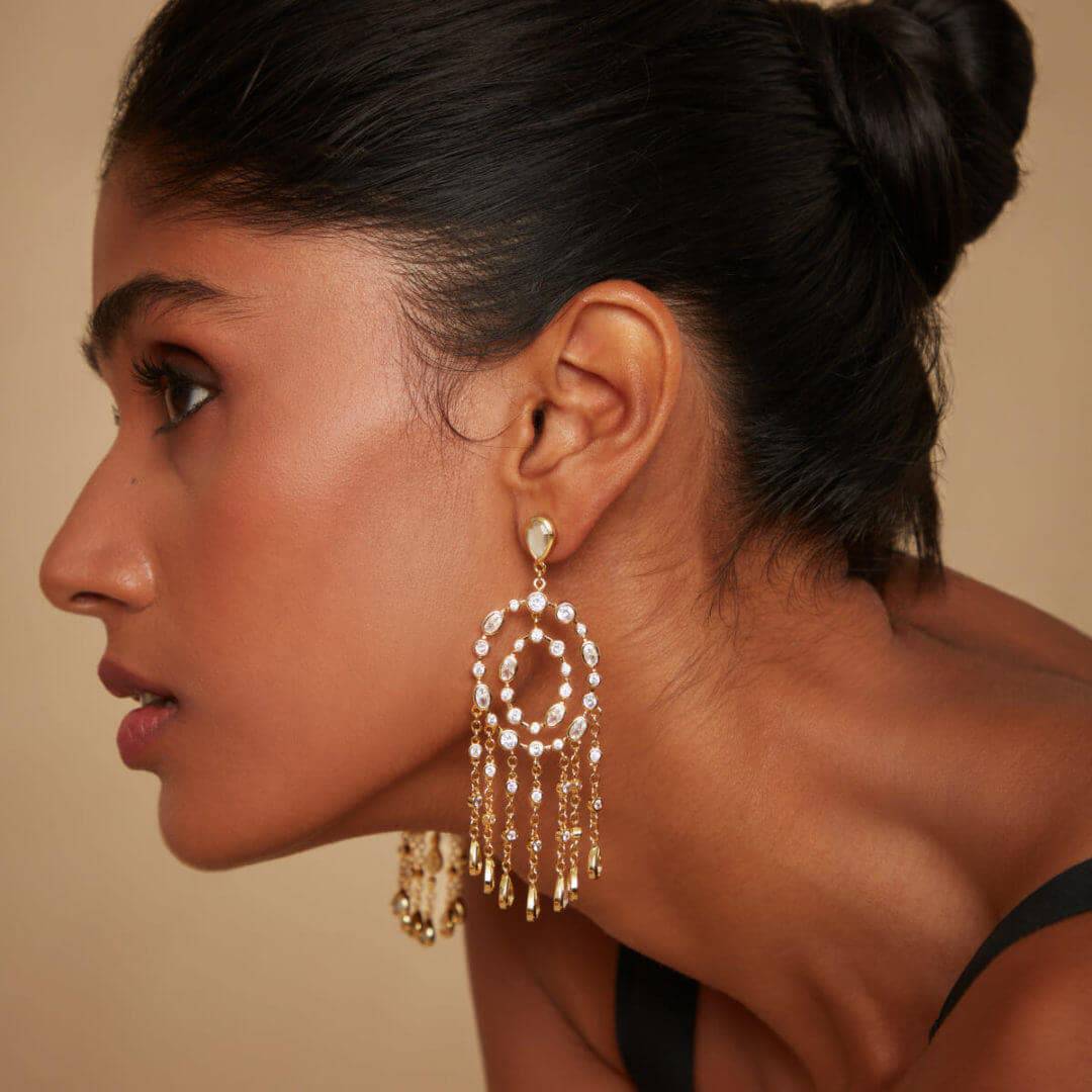 Paradise Dew Oval Chandelier Statement Earrings for Women by Isharya | Modern Indian Jewellery
