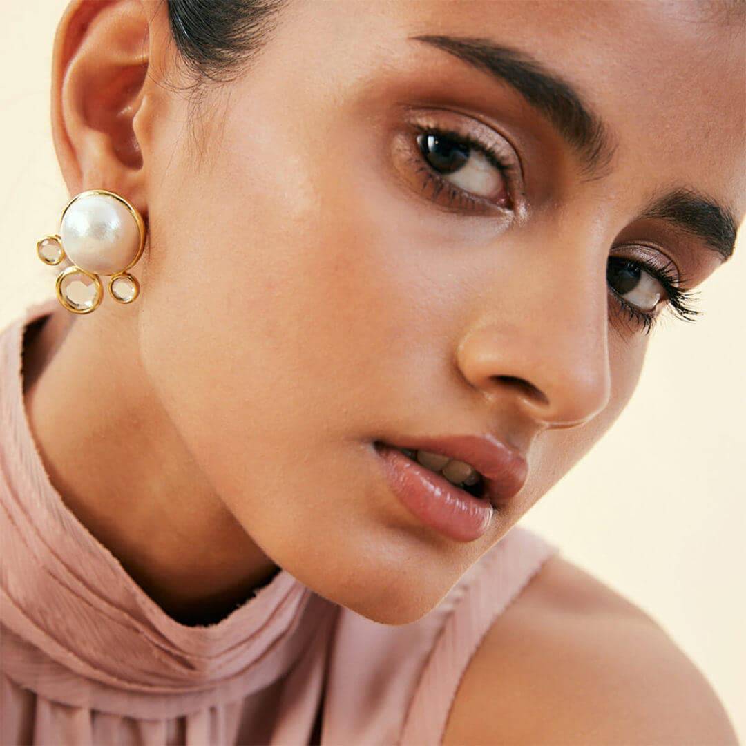 Ayaana Pearl & Surrounded Mirrors Stud - Isharya | Modern Indian Jewelry