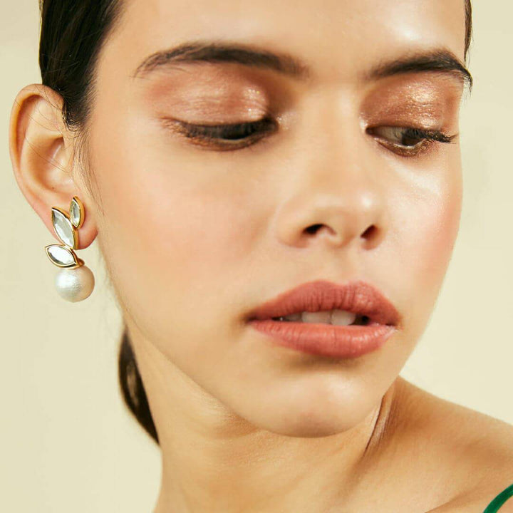 Marquise Mirror Pearl Studs - Isharya | Modern Indian Jewelry