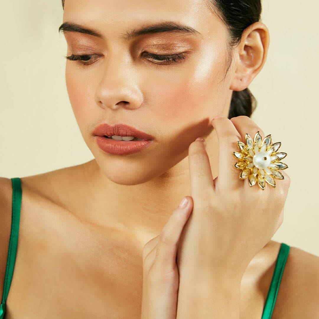 Marquise Mirror Statement Pearl Ring for Women by Isharya | Modern Indian Jewellery