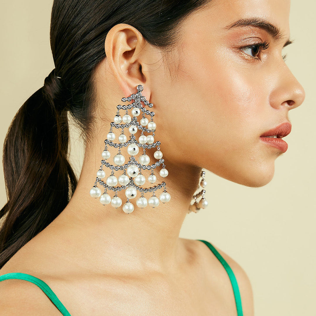 Pearl Crystal Waterfall Earrings - Isharya | Modern Indian Jewelry