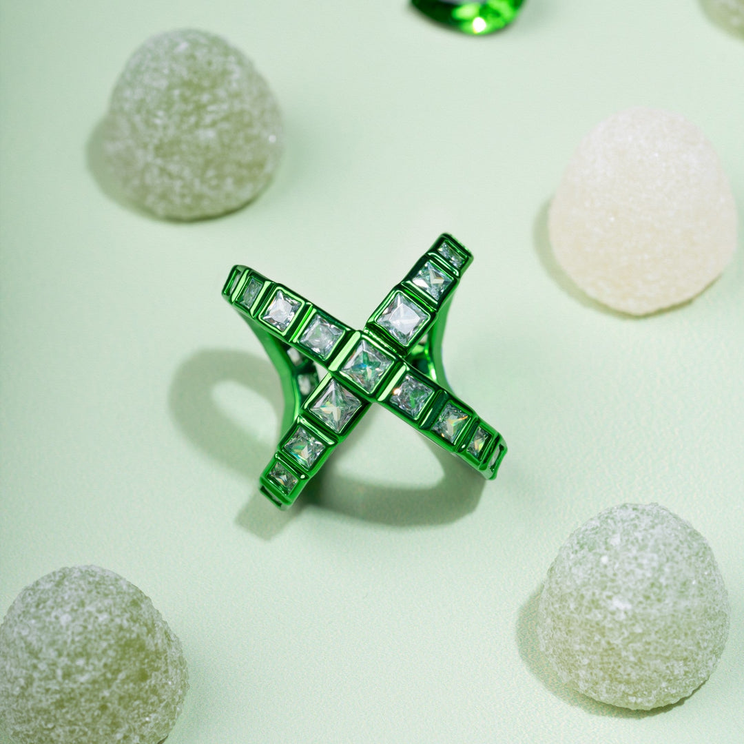 Parakeet Green Cross Ring - Isharya | Modern Indian Jewelry