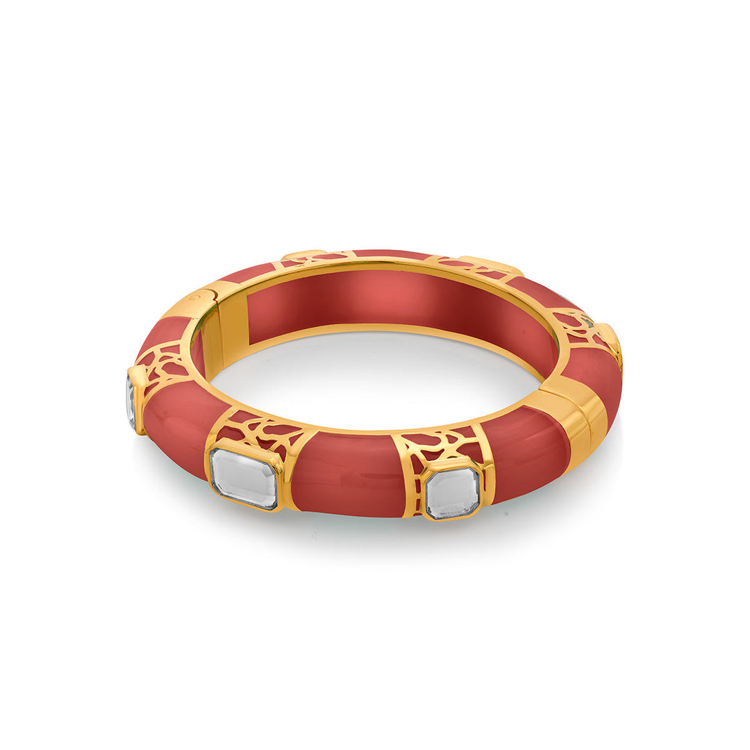 La Conchita Graphic Statement Hinge Bangle in Coral - Isharya | Modern Indian Jewelry