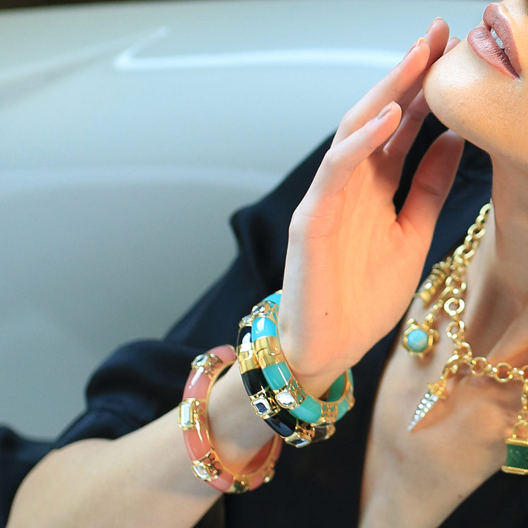 La Conchita Graphic Statement Hinge Bangle in Coral