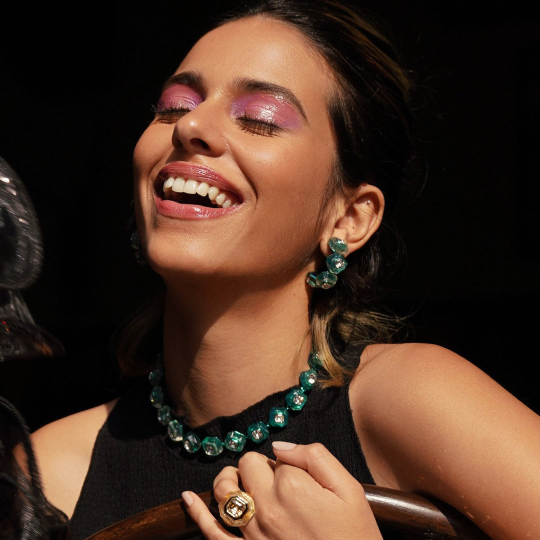 B-dazzle Infinity Cut Green Crystal Hoops - Isharya | Modern Indian Jewelry