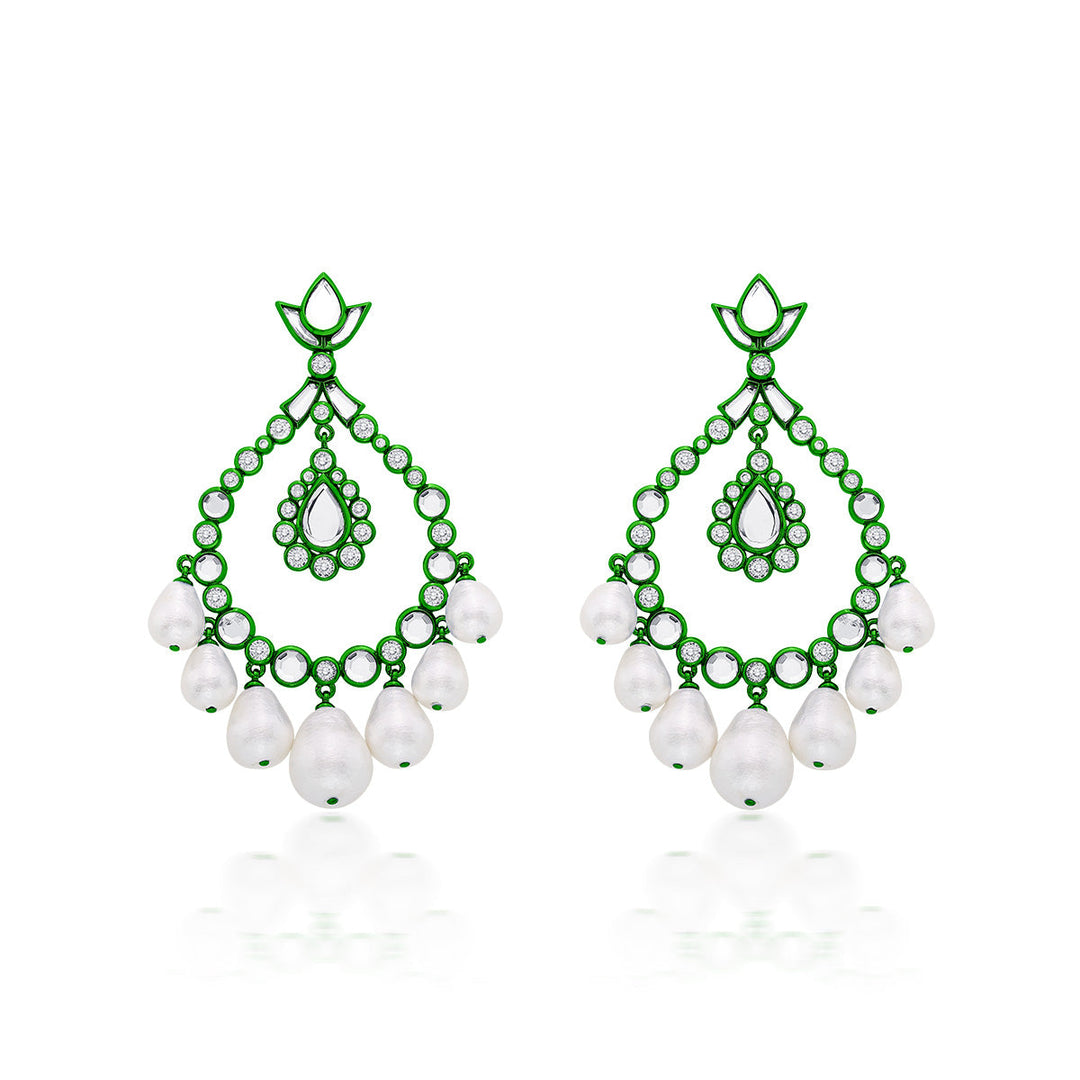 Parakeet Green Elongated Crystal Pearl Earrings - Isharya | Modern Indian Jewelry