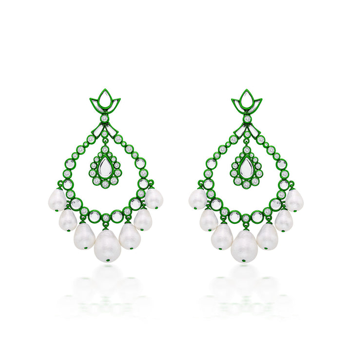 Parakeet Green Elongated Crystal Pearl Earrings - Isharya | Modern Indian Jewelry