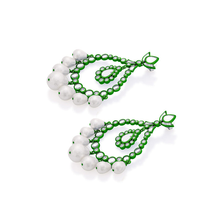 Parakeet Green Elongated Crystal Pearl Earrings - Isharya | Modern Indian Jewelry