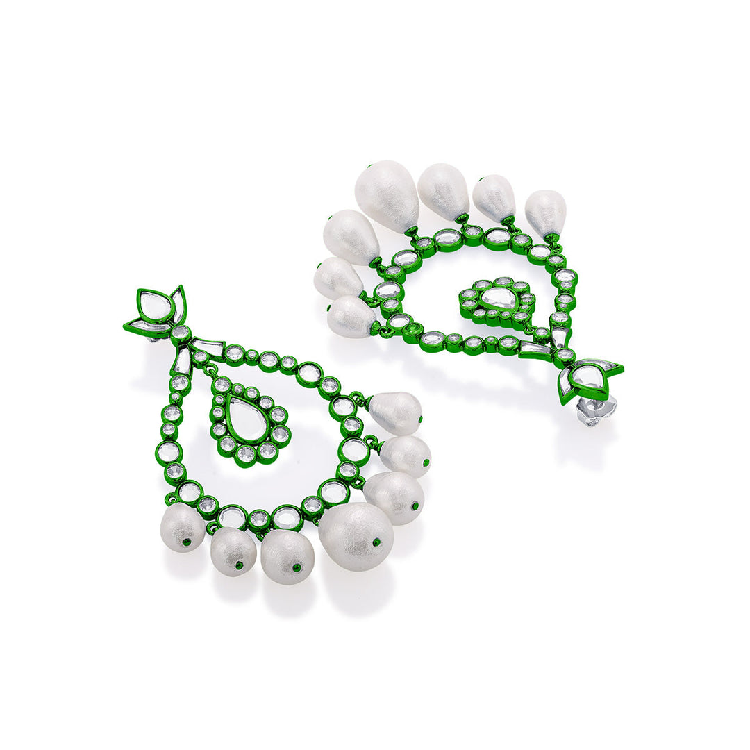 Parakeet Green Elongated Crystal Pearl Earrings - Isharya | Modern Indian Jewelry