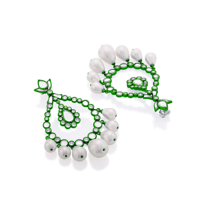 Parakeet Green Elongated Crystal Pearl Earrings - Isharya | Modern Indian Jewelry