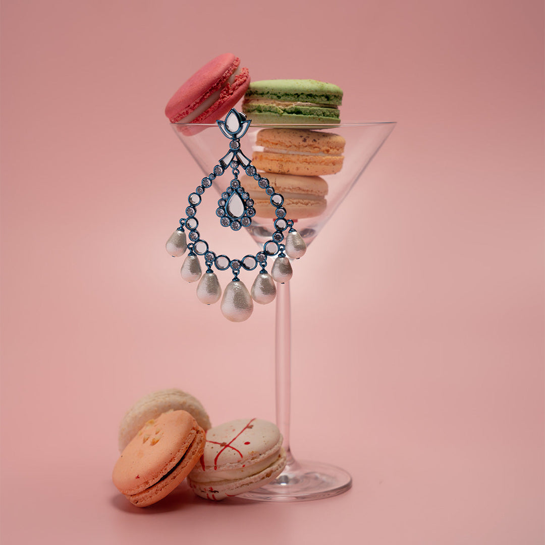 Aqua Blue Elongated Crystal Pearl Earrings - Isharya | Modern Indian Jewelry