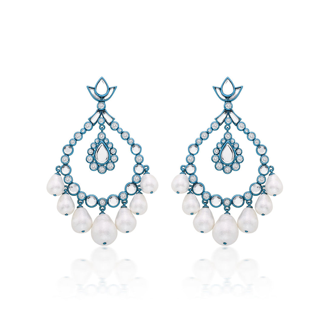 Aqua Blue Elongated Crystal Pearl Earrings - Isharya | Modern Indian Jewelry