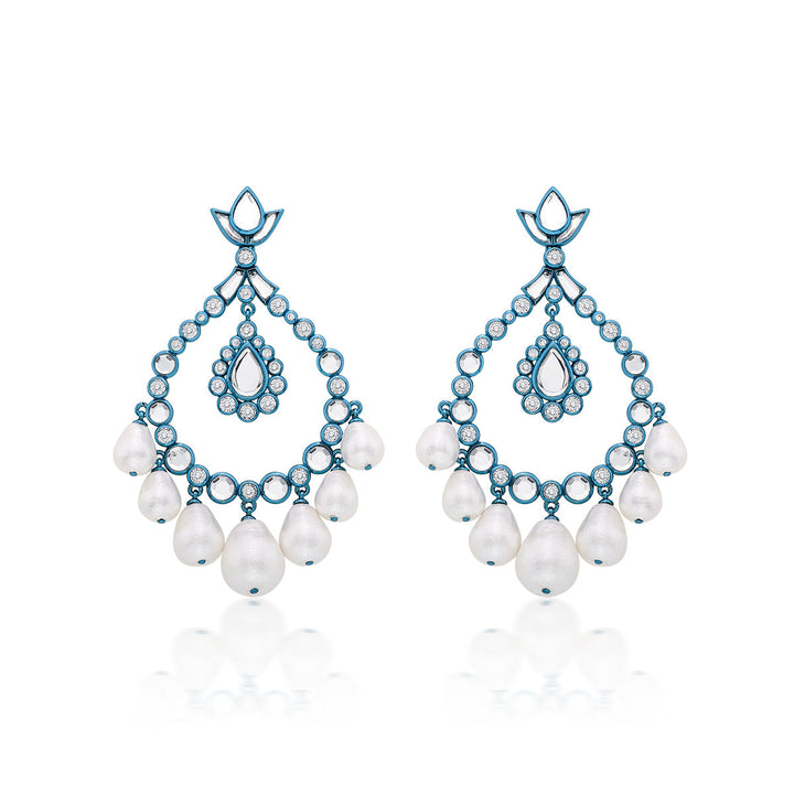 Aqua Blue Elongated Crystal Pearl Earrings - Isharya | Modern Indian Jewelry
