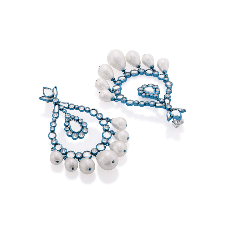 Aqua Blue Elongated Crystal Pearl Earrings - Isharya | Modern Indian Jewelry