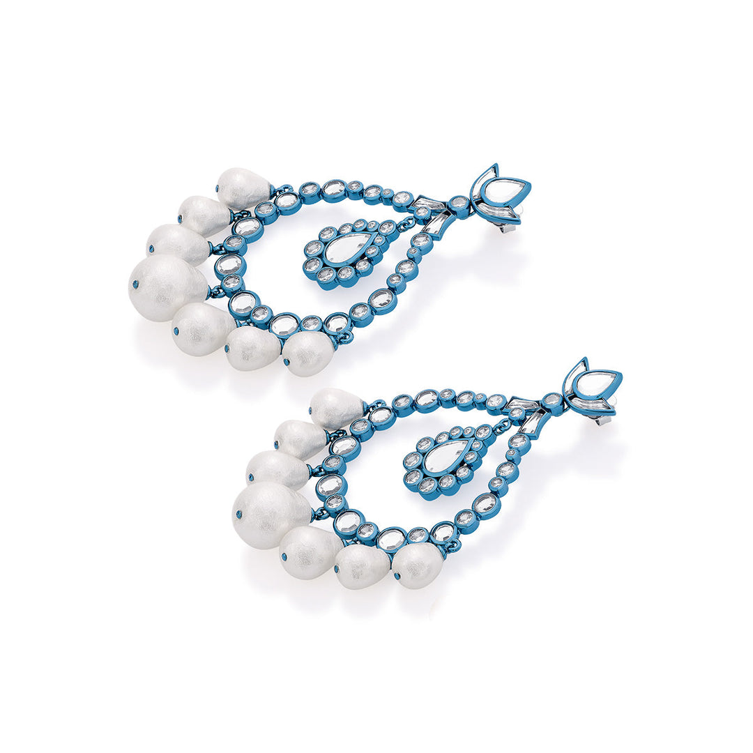 Aqua Blue Elongated Crystal Pearl Earrings - Isharya | Modern Indian Jewelry