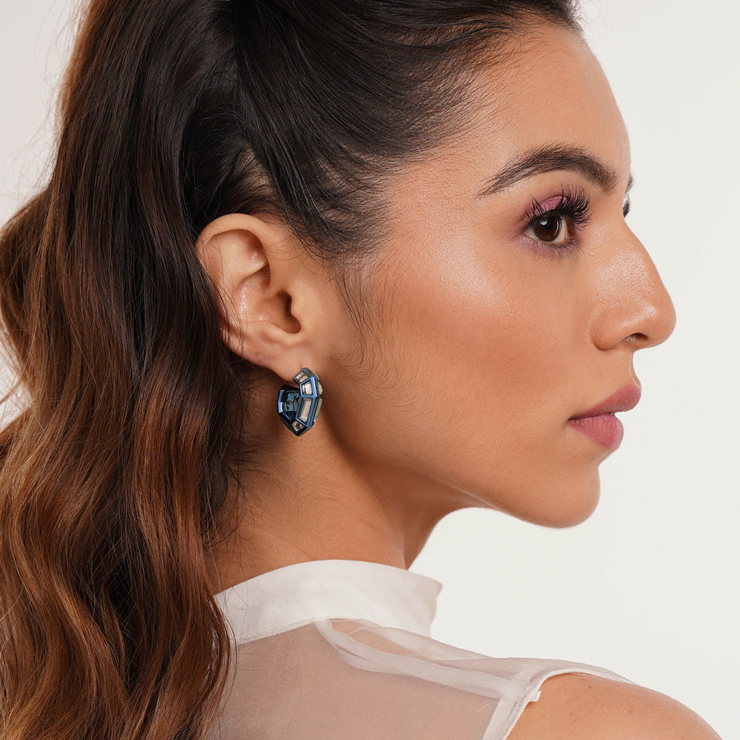 Aqua Blue Mirror Huggies - Isharya | Modern Indian Jewelry
