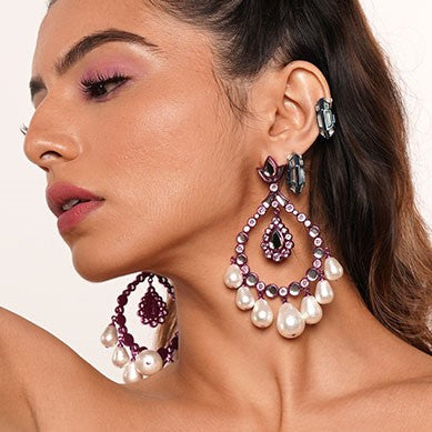 Rani Pink Elongated Crystal Pearl Earrings - Isharya | Modern Indian Jewelry