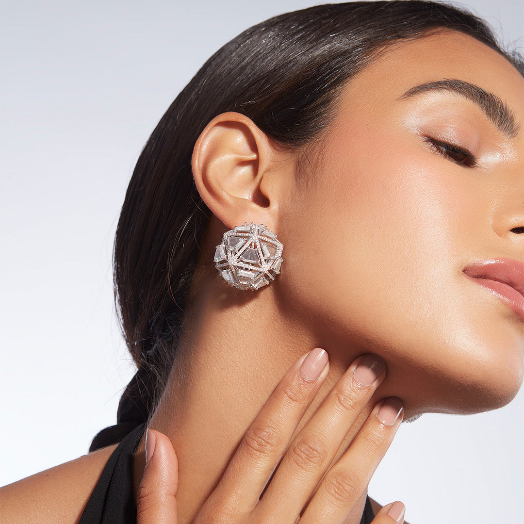 Bahamas 925 Silver Rève Crystal  Dome Earrings - Isharya | Modern Indian Jewelry