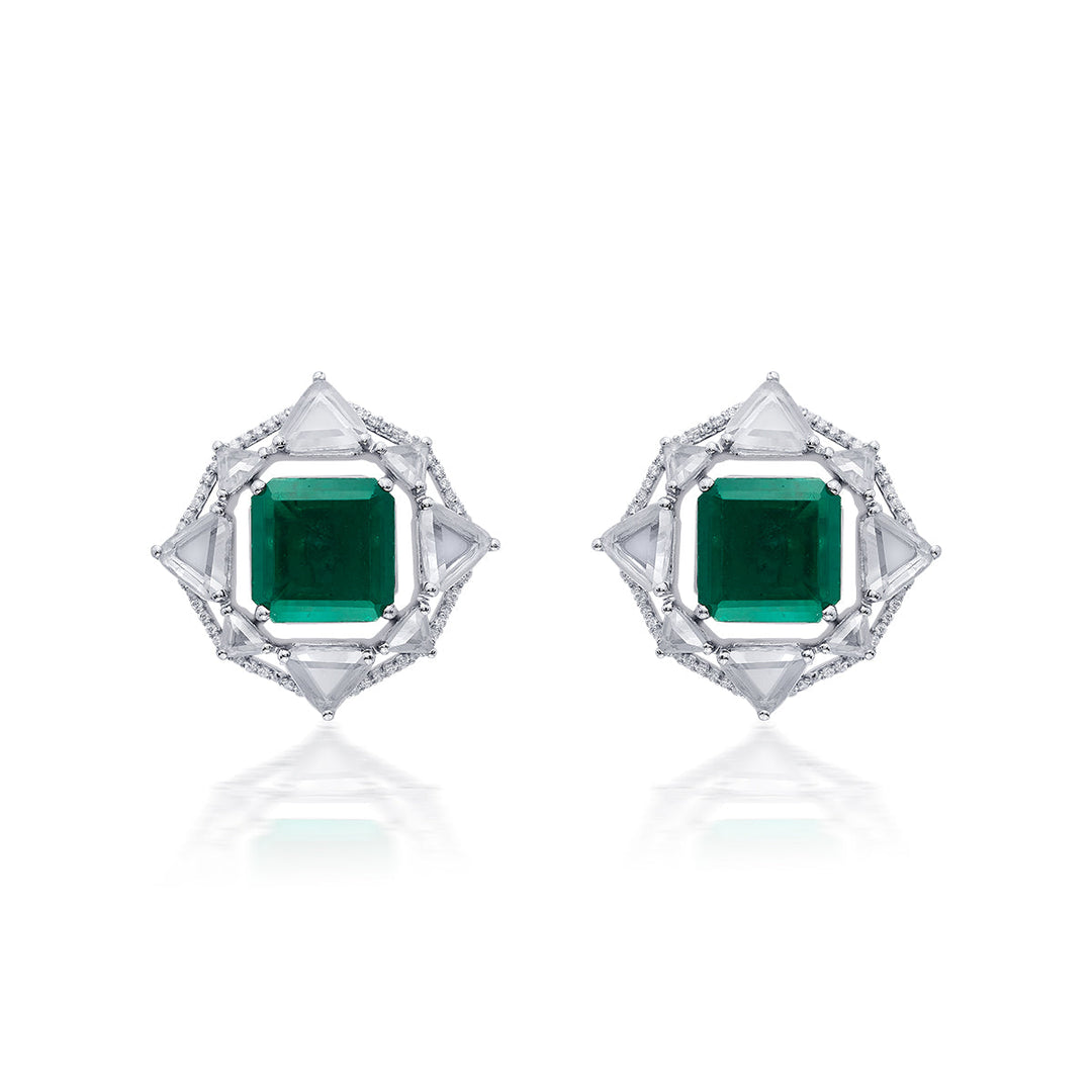 Provence 925 Silver Emerald Doublet Deco Stud Earrings - Isharya | Modern Indian Jewelry