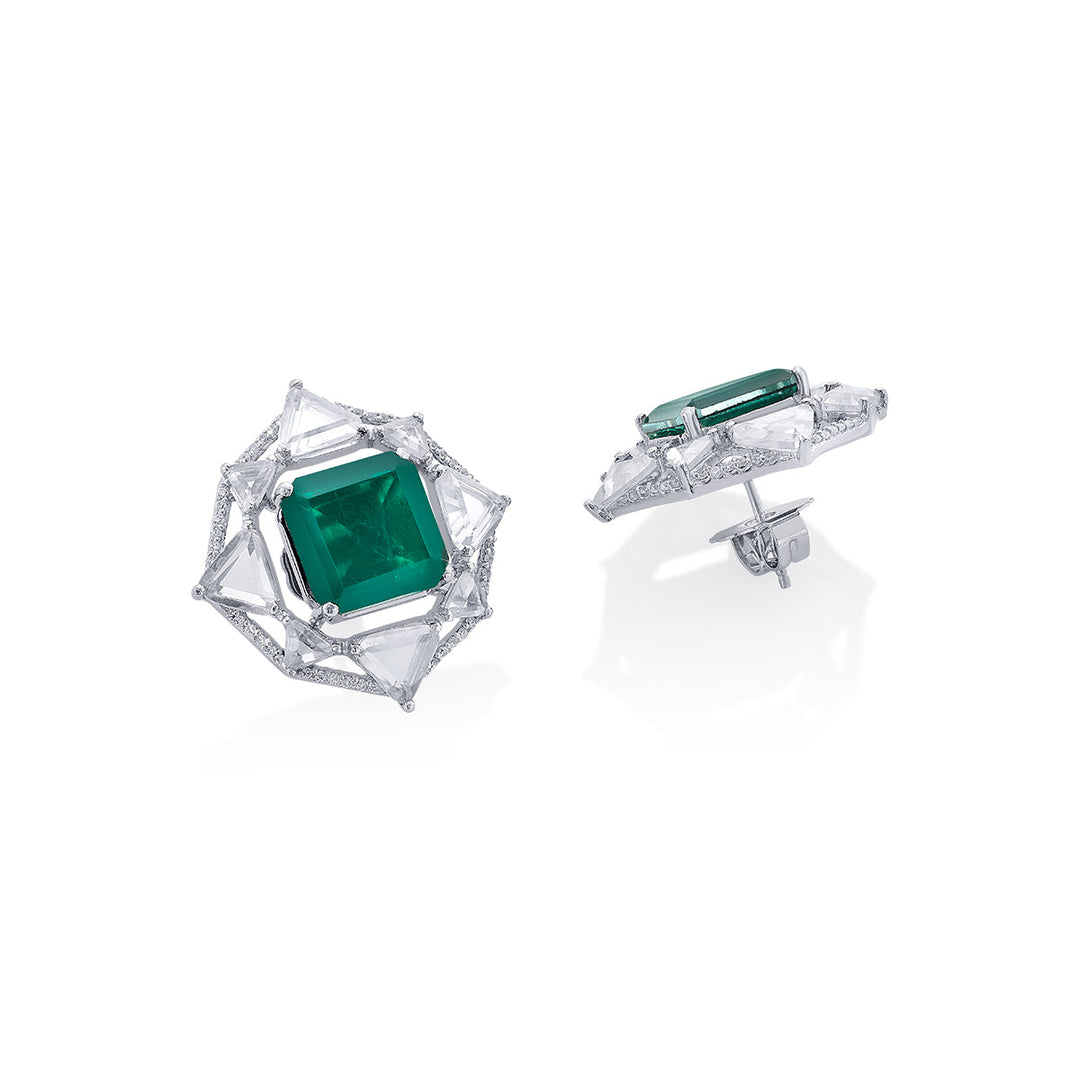 Provence 925 Silver Emerald Doublet Deco Stud Earrings - Isharya | Modern Indian Jewelry