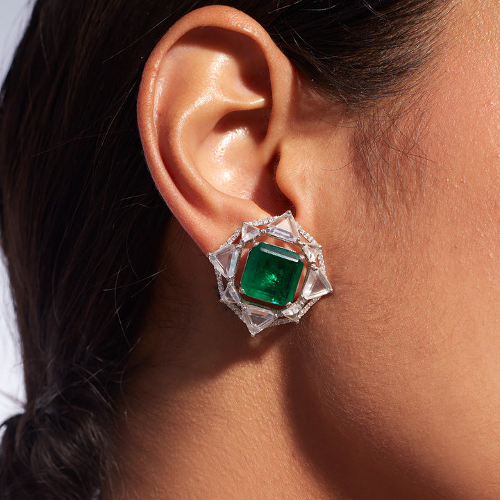 Provence 925 Silver Emerald Doublet Deco Stud Earrings - Isharya | Modern Indian Jewelry
