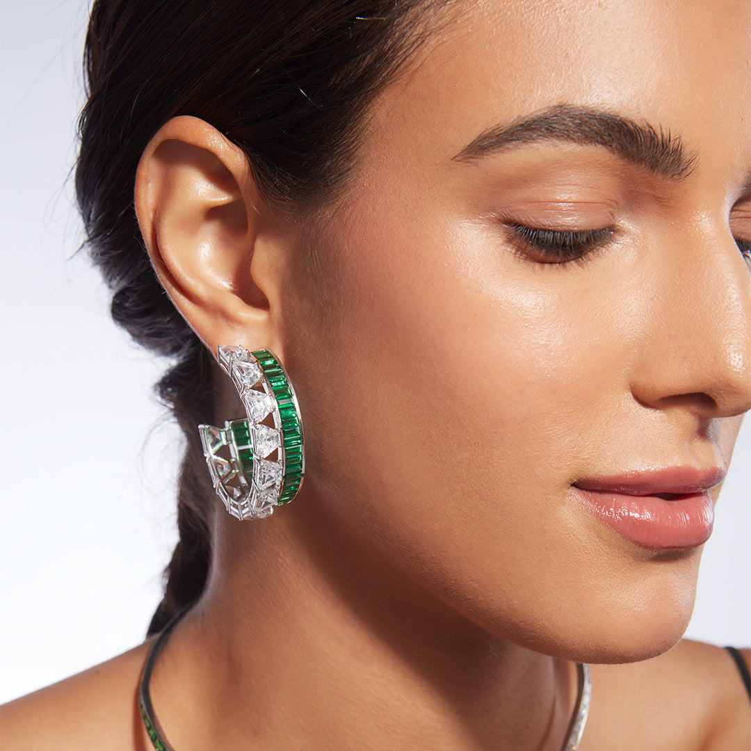 Amalfi 925 Silver Emerald Hydro  Maxi Hoop Earrings - Isharya | Modern Indian Jewelry
