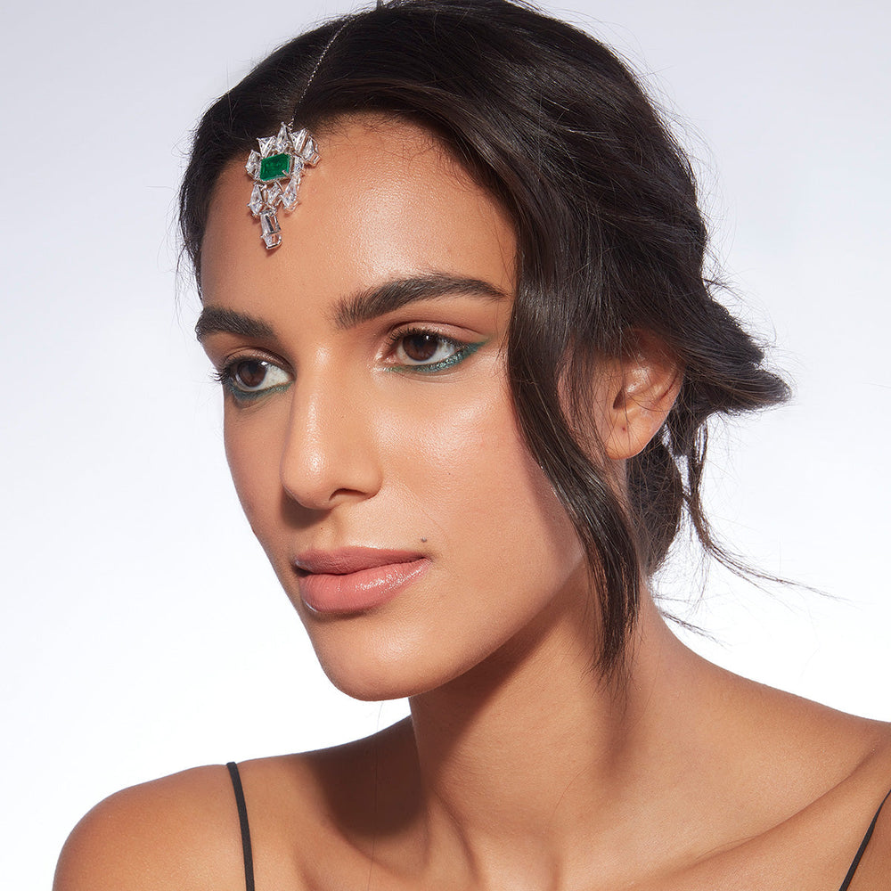 Provence 925 Silver Emerald Doublet Baroque Maangtikka - Isharya | Modern Indian Jewelry