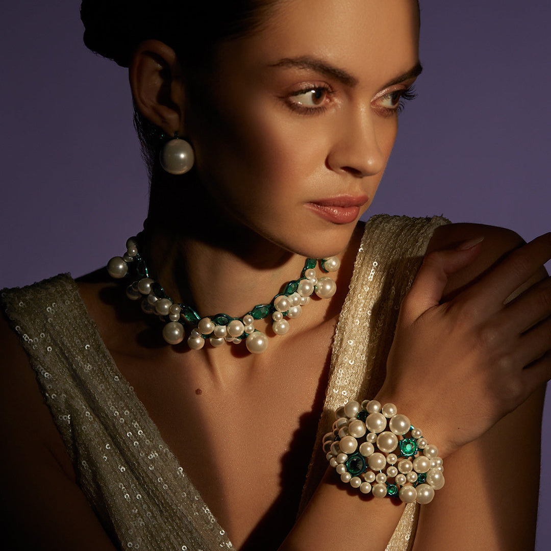 Zeenat Green Quartz Pearl Cuff - Isharya | Modern Indian Jewelry