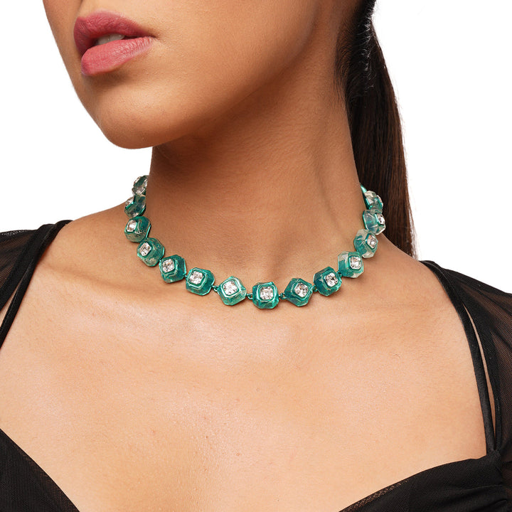 B-dazzle Infinity Cut Green Crystal Collar Necklace - Isharya | Modern Indian Jewelry