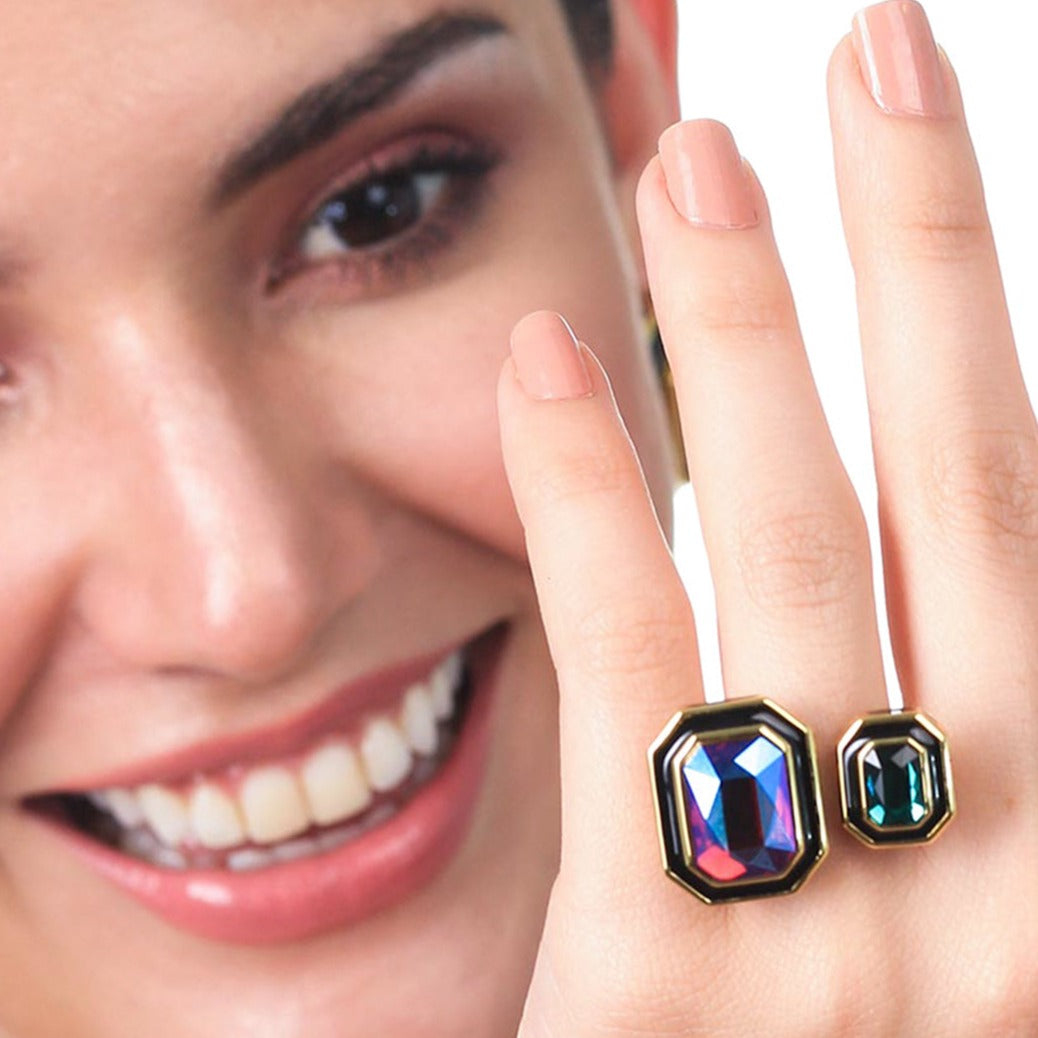 Amour Black Enamel Two Stone Ring