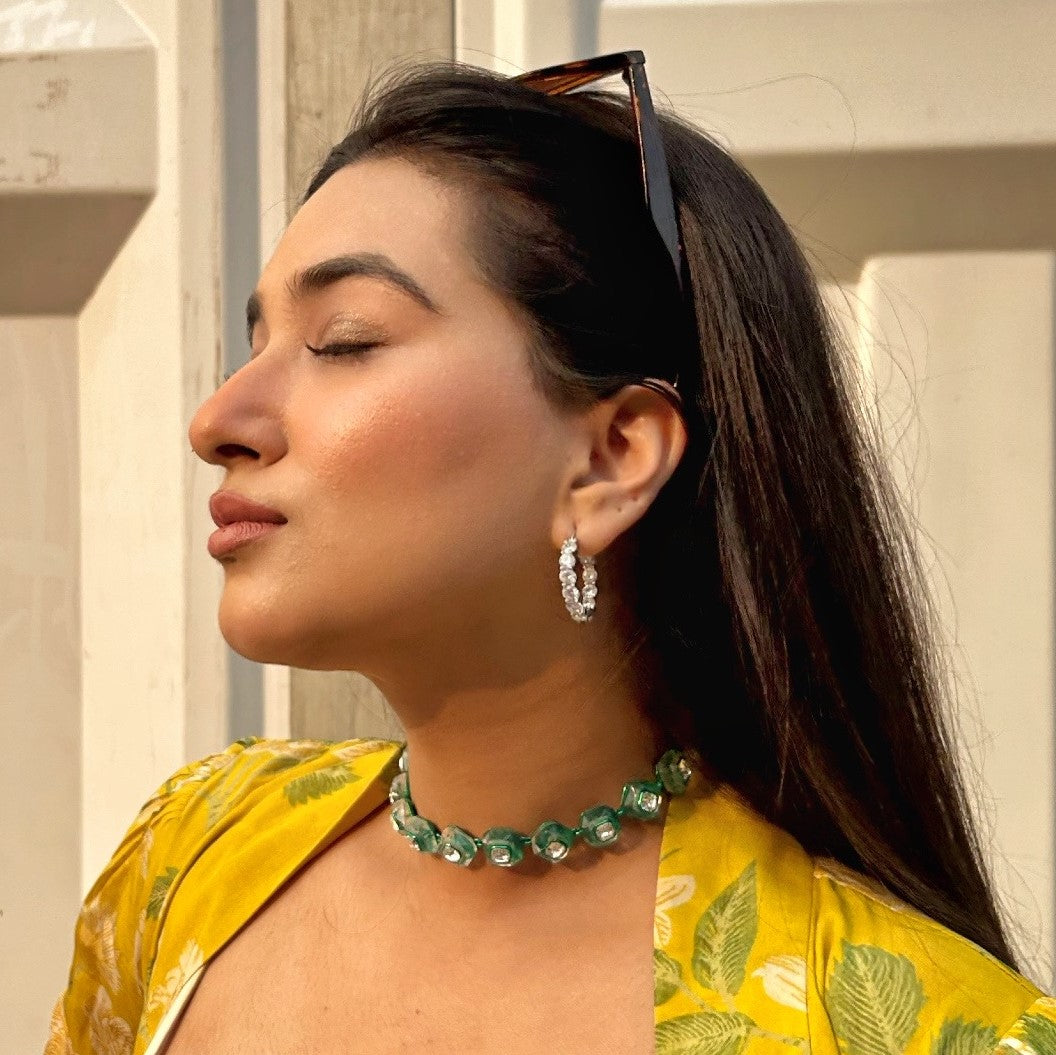 B-dazzle Infinity Cut Green Crystal Collar Necklace - Isharya | Modern Indian Jewelry
