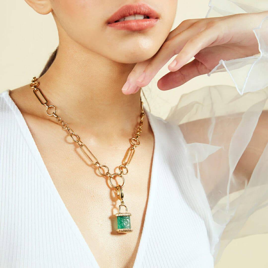Carved Green Quartz Ribbed Lock Charm - Isharya | Modern Indian Jewelry