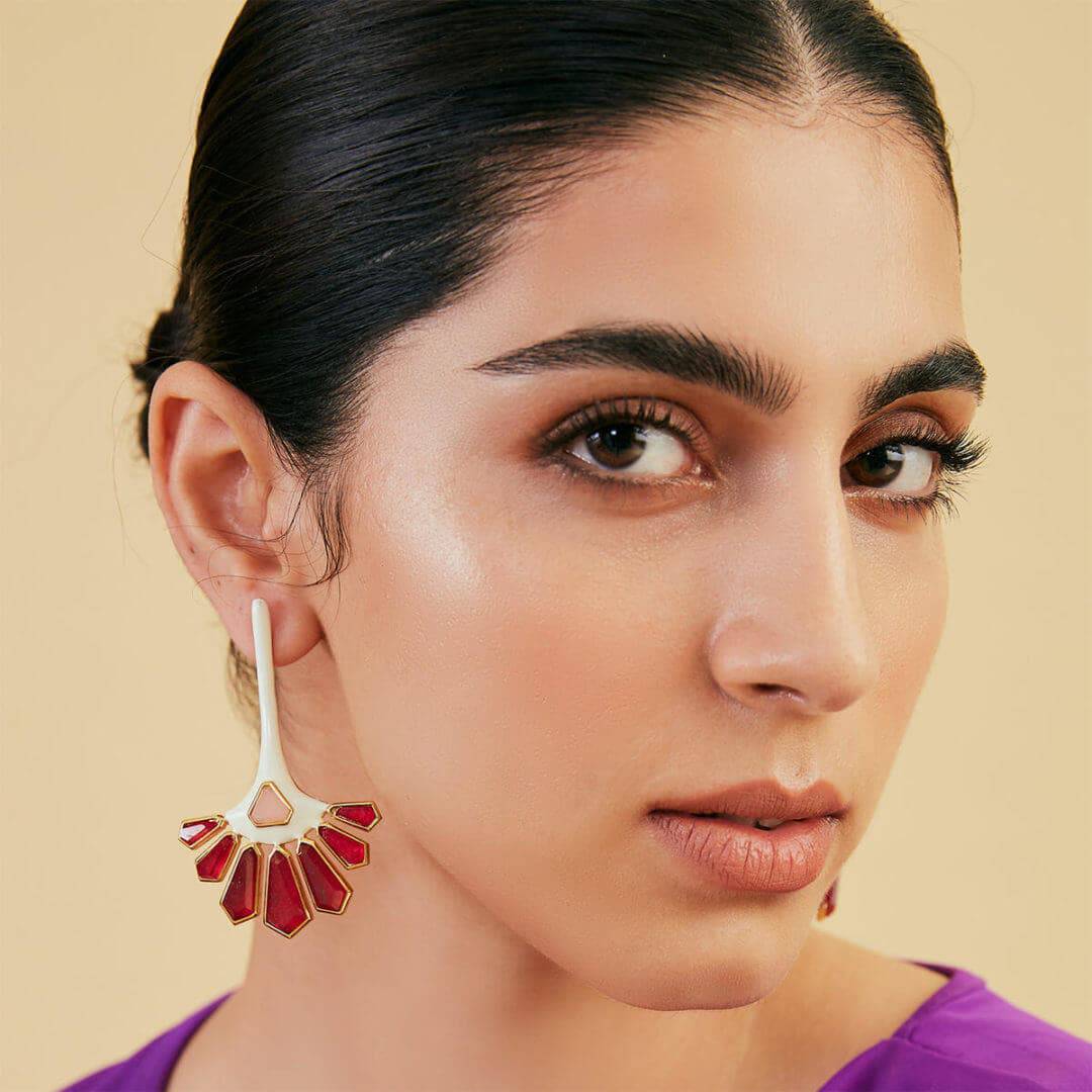 Borderless Long Fan Earrings In Pink Stone - Isharya | Modern Indian Jewelry