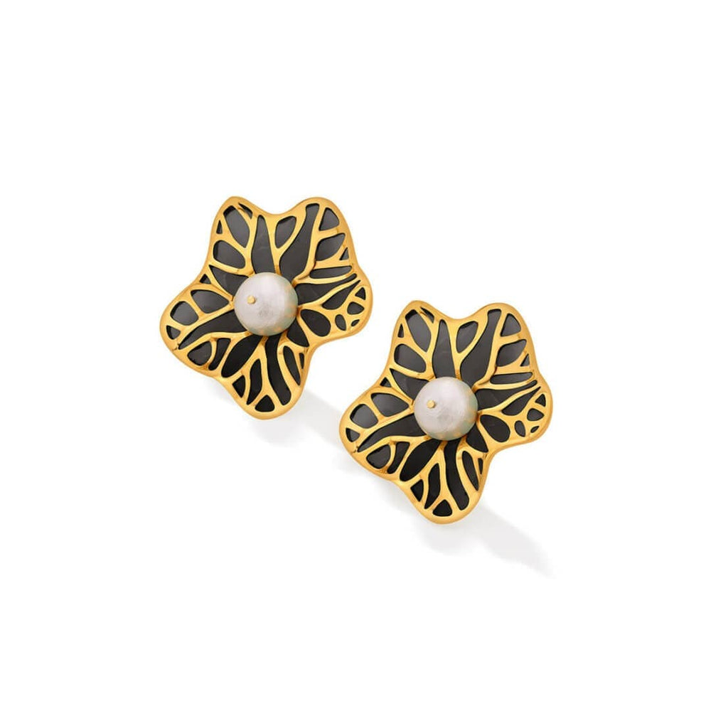 La Conchita Abstract Floral Stud Earrings in Black - Isharya | Modern Indian Jewelry